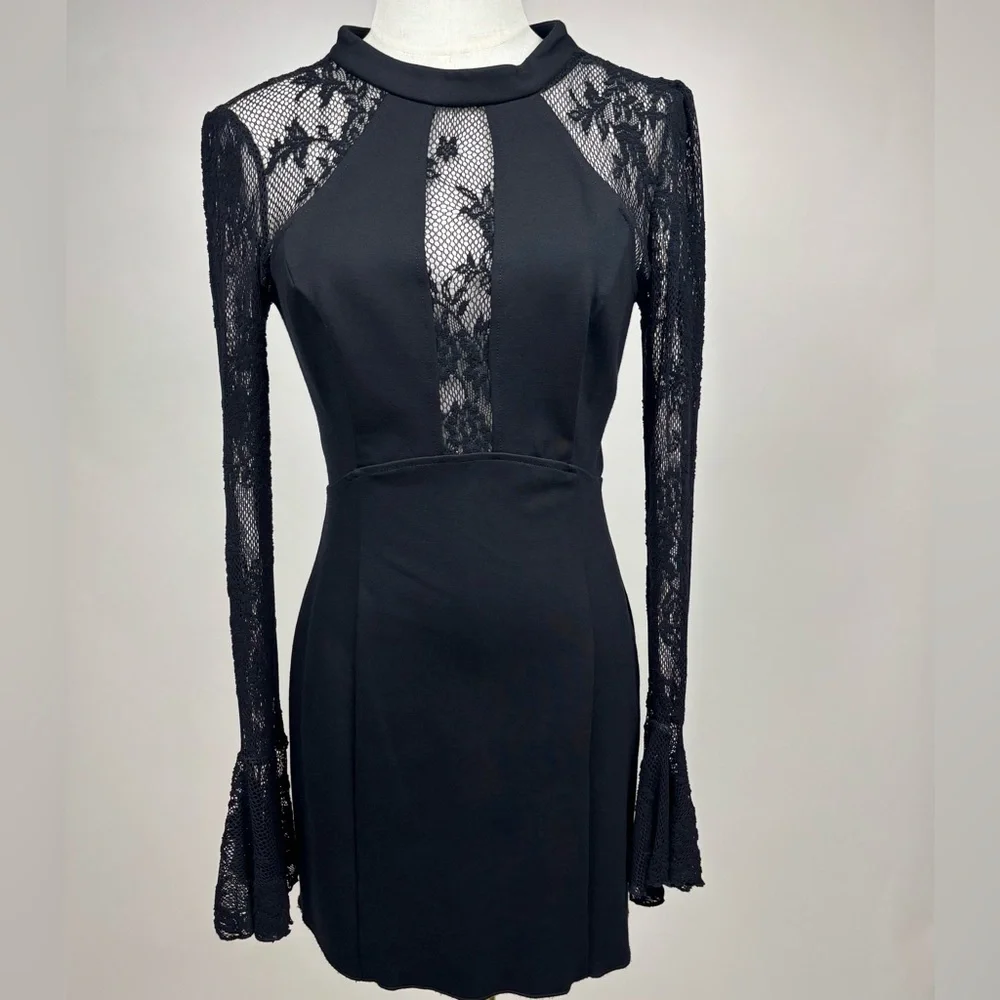 Free People It's Now or Never Lace Bodycon Dress Bell Sleeve Open Back Black S